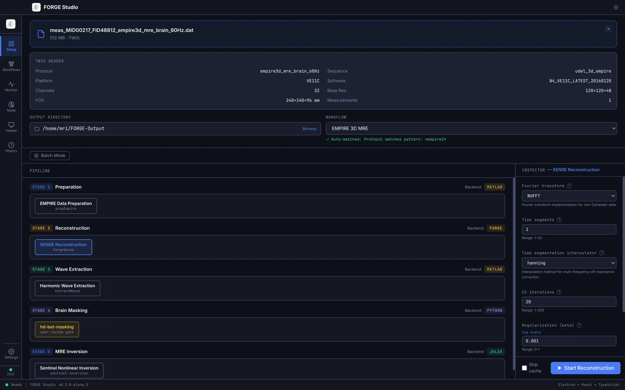 FORGE Studio in the dark theme, with an EMPIRE MRE scan loaded on the Setup tab
