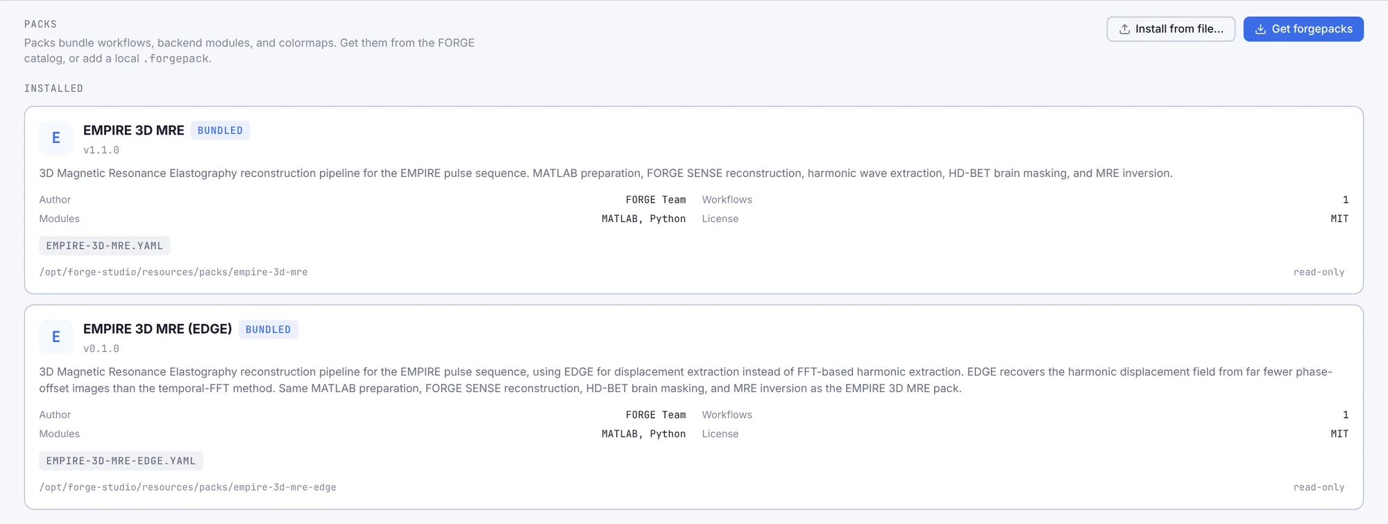 Settings > Packs listing the installed packs, with Install from file… and Get forgepacks at the top