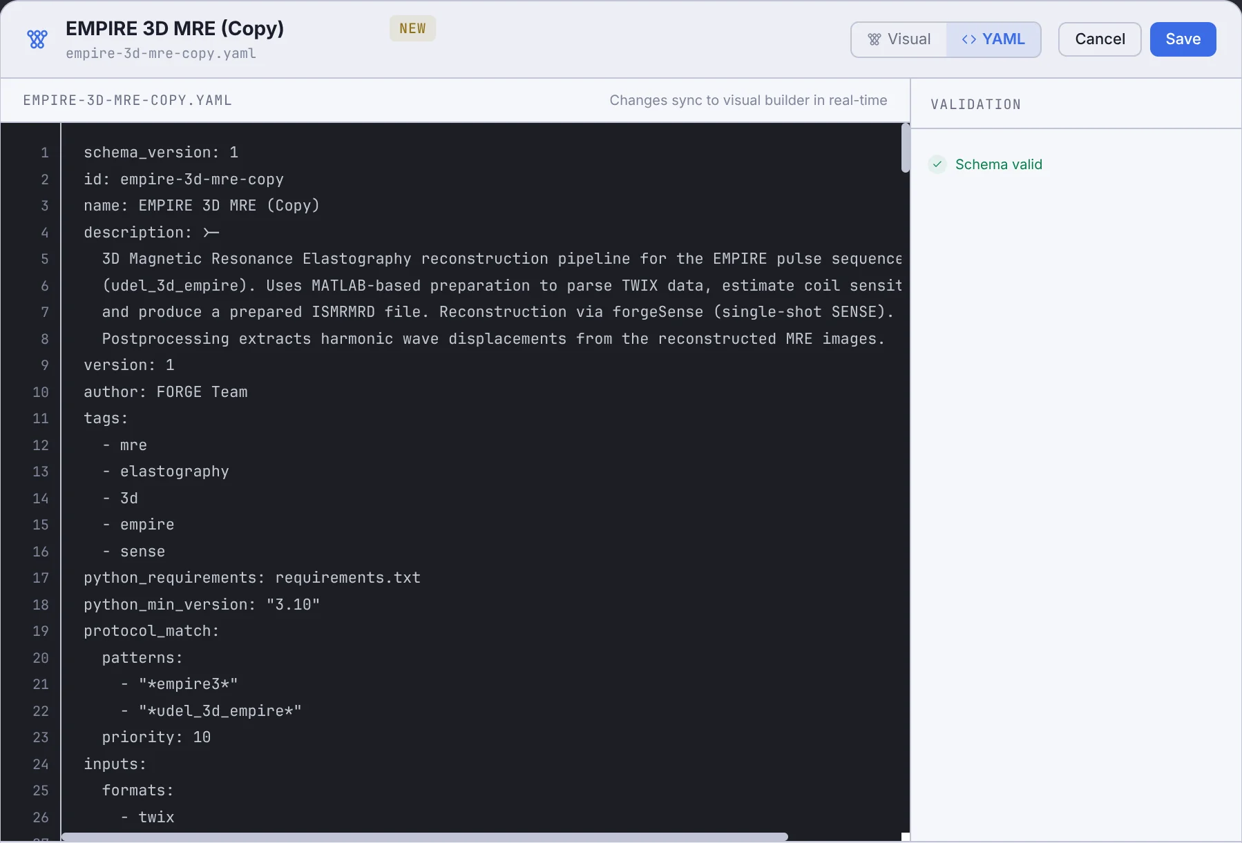 YAML mode: the workflow source with line numbers and the validation panel