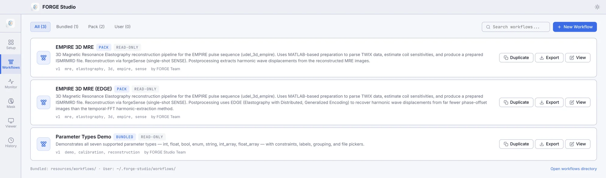 Workflows tab listing the EMPIRE 3D MRE pack workflows and the bundled Parameter Types Demo